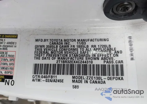 2004 Toyota Corolla Ce from USA, damaged, VIN 2T1BR32EX4C244310